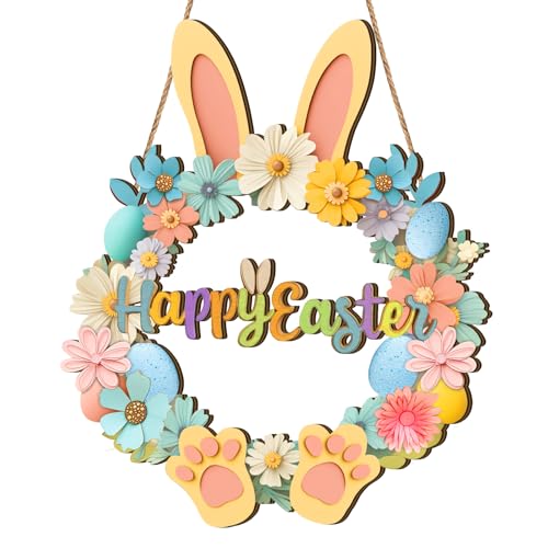 LIJUGITF Easter Wooden Wreath for Front Door Decor, 13" Happy Easter Door Sign, Bunny Hanging Sign for Porch Wall Indoor Outdoor Decoration, Spring Holiday Hanger for Home Garden Decor