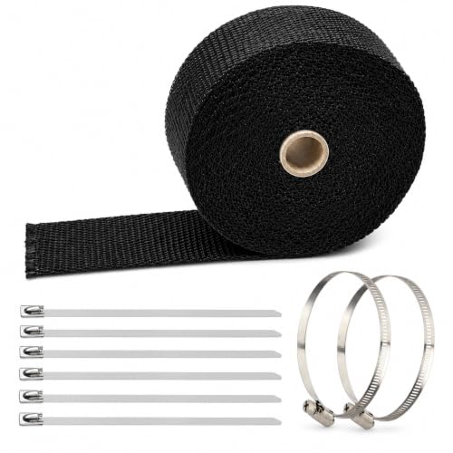 Image of 2 inch x 16 Ft Black Exhaust Heat Wrap Kit for Motorcycle Car - Fiberglass Header Wrap Heat Shield Tape with 6 Stainless Steel Ties & 2 Adjustable Clamps - Reduces Under-Hood Heat (50mm x 5m)