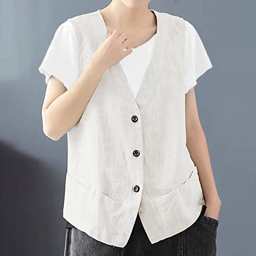 Womens Vest 2023 Summer Cotton Linen Vest Top Vintage Casual Sleeveless Button Down Jacket Loose Vests Outerwear2