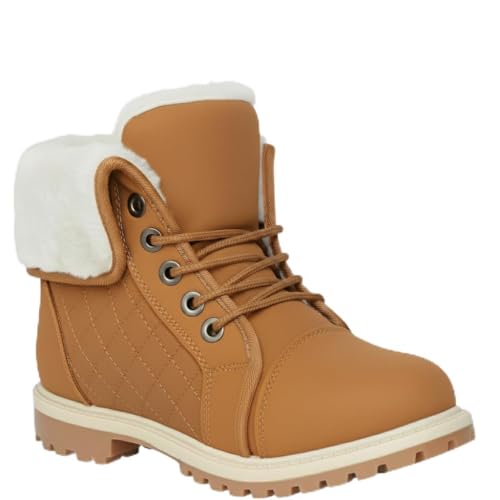 Image of Winter Combat Boots with Faux Fur Lining, Quilted Design, Lace-Up Ankle Style, Rugged Non-Slip Sole, Black, Grey, White, Tan (Camal, UK 4, UK Footwear Size System, Adult, Women, Numeric, Medium, 4)