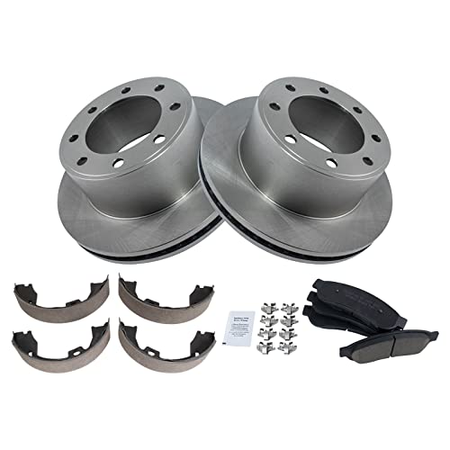 Image of TRQ Rear Brake Pad & Rotor Kit Parking Brake Shoe Set Ceramic Compatible with 2011-2012 Ford F-250 Super Duty F-350 Super Duty