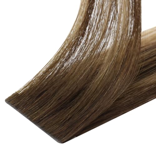 Image of LaaVoo Injection Tape in Hair Extensions Seamless Injectable Tape in Hair Extensions Human Hair Brown to Blonde Balayage Tape on Human Hair Extensions 14 Inch 40g 20Pcs