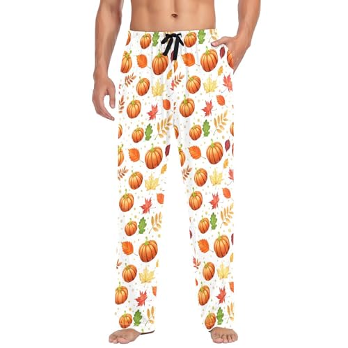 Autumn Fall Thanksgiving Pumpkin Men's Pajama Pants Cotton Sleep Bottoms with Drawstring A2304457