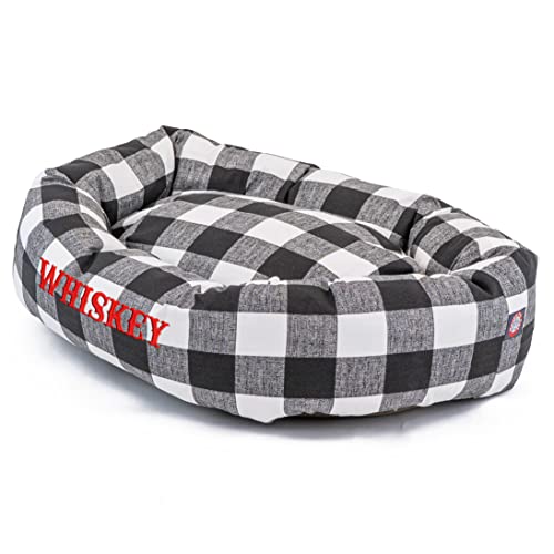 Image of Majestic Pet Anderson Check Personalized Bagel Dog Bed | Donut Style Pet Bed with Custom Embroidered Pet Name | Various Fonts and Thread Colors Available (X-Large, Charcoal Black)