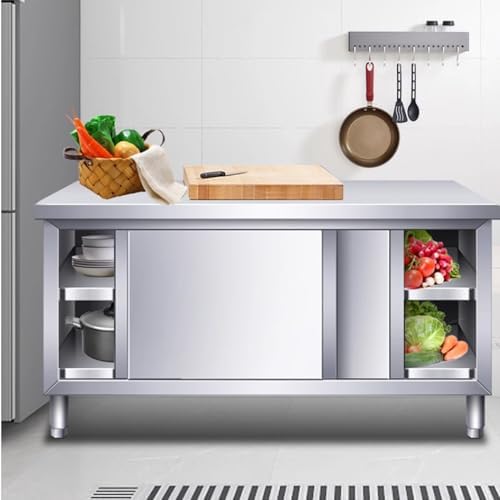 Heavy Duty Stainless Steel Kitchen Prep Table with Sliding Doors - Commercial Workbench & Cabinet for Home, Restaurant, Hotel, Garage Use - Durable, Easy-Clean Design