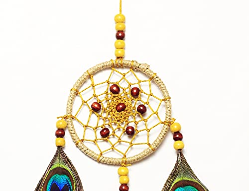 Dream Catcher Dashboard Hanging for Car, Decorative Showpiece for Decoration, for Good Vibes, Postive Energy & Protection - Small/Mini 3 Inch (Peacock Golden)