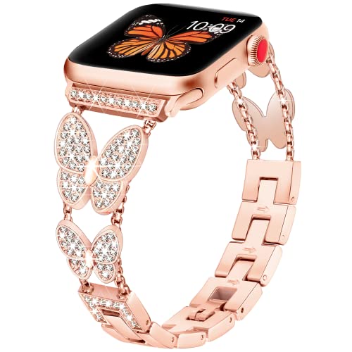 Image of Butterfly Band for Apple Watch Bands 44mm 45mm 46mm Rose Gold | Series 11 10 9 8 7 6 5 4 3 iWatch SE Ultra Band for Women, Slim Thin Metal Fancy Bling Cute Dressy Strap for Apple Watch Band