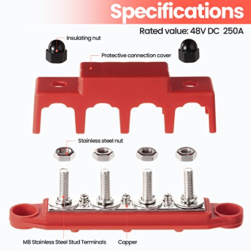 Hoteam Power Distribution Block Bus Bar 4 Post Marine Bus Bar With Cover Terminal Block Distribution Connecting Blocks Terminal Studs Red And Black 48V Dc 250 Amp For Car Rv Truck Boat (5/16" M8) #TOP3