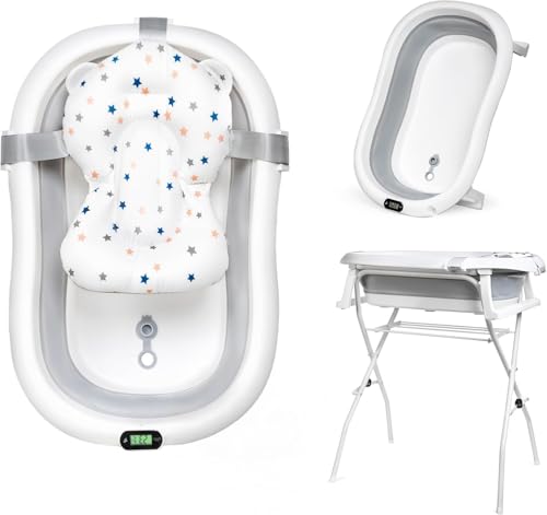 moovkee. Babybadewanne mit Gestell 80cm - Grau Baby Badewanne Faltbar mit Thermometer und Badekissen - Babywanne mit Ständer Sicher für Ihr Neugeborene