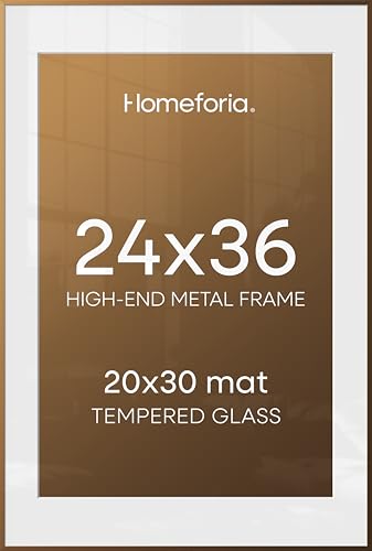 Image of Homeforia 24x36 Picture Frame Bronze, High End Metal 24 x 36 Large Poster Frames with Mat 20 by 30 Photo, 24x36 Brass Frame Matted to 20x30 Print, 36x24 Thin Frames, Tempered Glass, Wall Kit, Set of 1