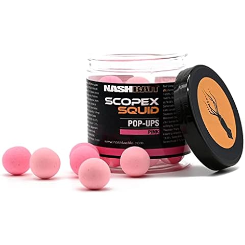 Nash Scopex Squid Pop Ups - Carp Boilies Floating in Pink White and Yellow - Boilies Floating Carp Fishing Fishy Carp Baits, Colour: Pink, Size: 15 mm Cover