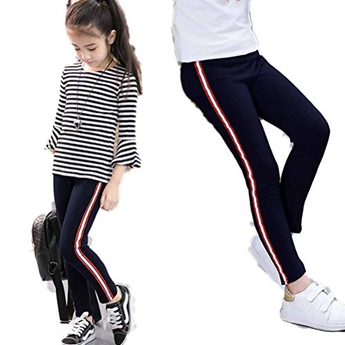 PanpanBox Legging pour fille - Coupe slim - Pantalon de survêtement rayé - Pantalon de jogging 7/8 - Pantalon décontracté confortable - Pantalon de survêtement 2-12 ans, bleu foncé, 150 cm Cover