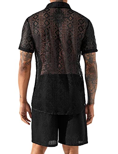 LecGee Men Summer Casual Short Sets Lace Short Sleeve Button Down Shirt Elastic Waist Shorts 2 Piece Outfits Tracksuit3
