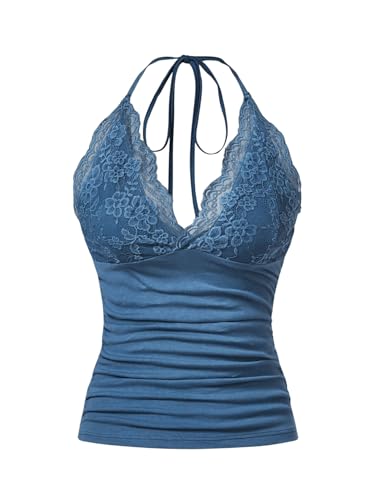MakeMeChic Women's Halter Top Y2K Lace V Neck Ruched Low Cut Halter Tank Tops Camisole Tops