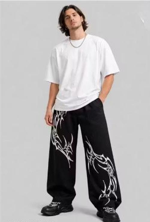 Image of Mens Black Printed Track Pants Polycotton Wide Leg Street Casual Sports Daily Graphic Bottoms