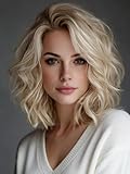 Webshaiy Pre Cut Lace Ombre Platinum Blonde Perücke Damen Schulterlange Gewellte Gestufte Bob Wig Perücke mit Pony,Echte Kopfhaut Synthetische Perücken für Dünnes Haar/Grauabdeckung Täglichen Gebrauch