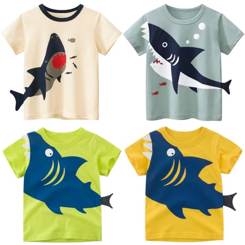 Image of NautySaurs 4-Pack Toddler Boys Dinosaur Shark Excavator Truck T-Shirts Graphic Short Sleeve Tees, 7-Sharks, 4 Years