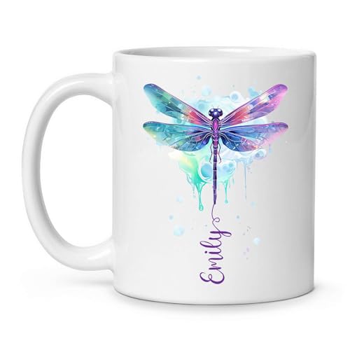 Dragonfly Coffee Mugs With Custom Name, Personalized Colorful Dragonfly Ceramic