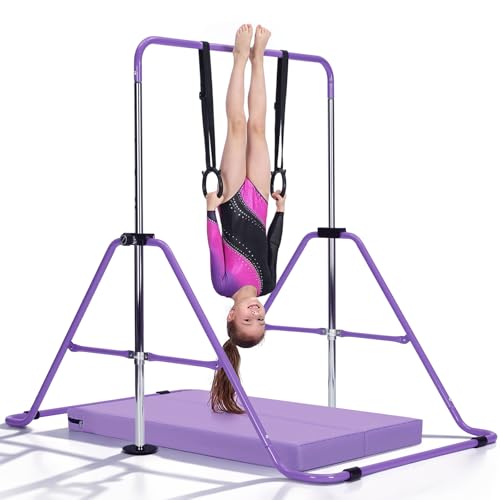 M.J COMFY-LIFE Kids Gymnastics Bar with Mat Adjustable Easy Assembly Training Kip Bar Horizontal Bar for Home Gymnastics Equipment for Kid 5-12 years (Purple)