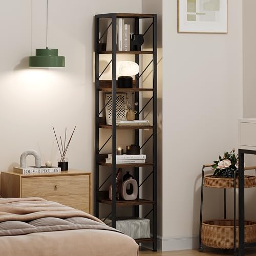 IDEALHOUSE Narrow Bookshelf Tall Skinny Bookcase 6 Tier Storage Rack Rustic Corner Shelf Metal Frame Small Freestanding Bookshelves Industrial Display Stand for Bedroom, Living Room, Home Office