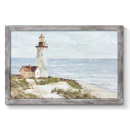 TAR TAR STUDIO Large Coastal Lighthouse Wall Art - Nautical Beach Scene Painting Ocean Theme Wooden Decor for Living Room 45x30 Inch
