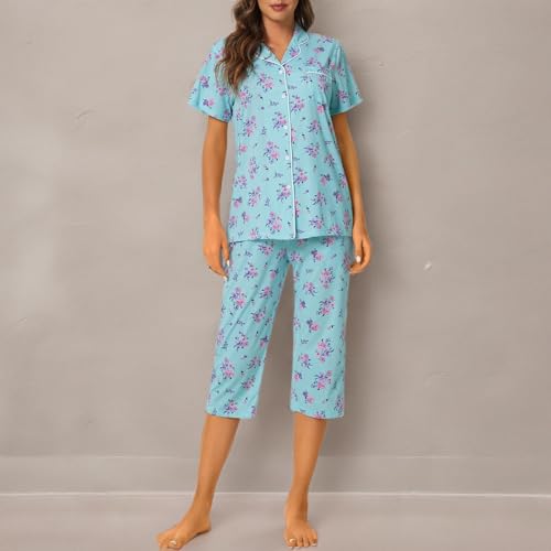 Image of Tugege Capri Pajamas Set Womens Button Down Short Sleeve Lounge Sets Sleepwear Notch Collar Top & Capri 2 Piece PJ Sets