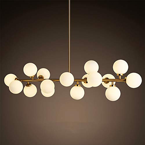 16-Light Linear Gold Chandelier, Mid Century Modern Hanging Pendant Light, Milky White Glass Globe Lampshade Metal Pendant Lighting for Living Room Dining Room (Gold-16lights)