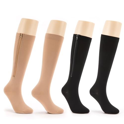 Image of 2 Pair Zipper Compression Socks 15-20 mmHg Closed Toe Calf Compression Stocking for Women and Men
