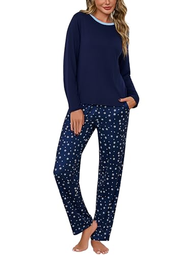 Litherday Schlafanzug Damen Lang Winter Pyjamas Set Baumwolle Zweiteiliger Langarm Nachtwäsche Rundhals Sleepwear Hausanzug Pyjamahose mit Herzmuster Dunkelblau-B M