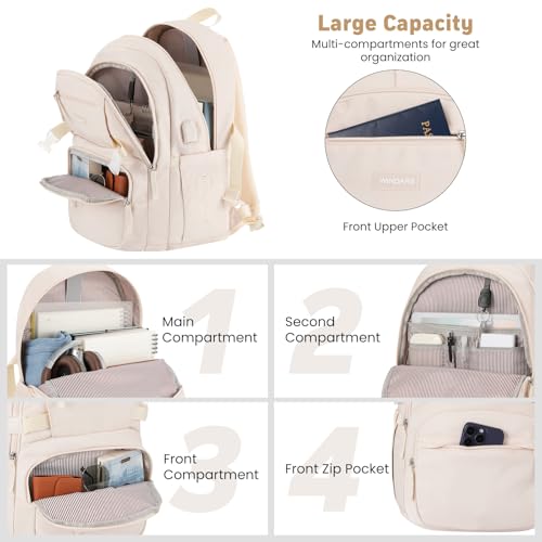 Image of WINDARS Backpack for School Girls, Cute High School Backpacks for Teens Women Student Large Bookbag 15.6 Inch Laptop Bag with USB Charger Port for College Work Travel Trip (Beige)