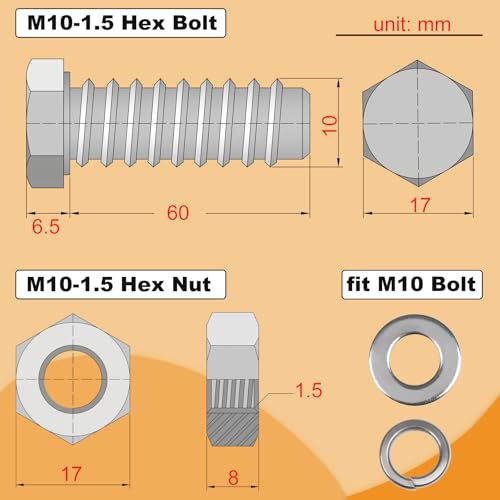 Image of M10-1.5x60mm Hex Bolts and Nuts Set for Caster Wheels Assembly | 304 Stainless Steel M10 Hexagon Nut with Flat Washers, Spring Washers Fastener Fully Threaded 4 Sets motorcycle bolts