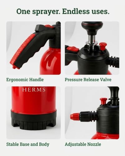 Image of Herms Aquamist 2L Hand Pressure Spray Pump | 3 Spray Modes | Adjustable Brass Nozzle | Garden Sprayer for Watering Plants, Pesticide, Fertilizer, Home Garden, Nursery & Car Washing (Red)