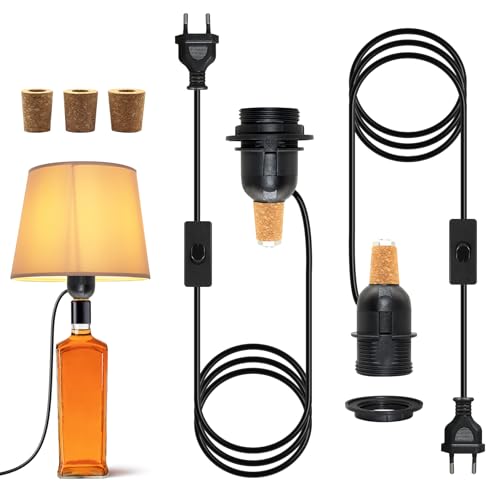 Douille E27 avec Cable 2.4 m, Lot de 2 Kits Lampes de Bouteille, Adaptateur de Lampe E27 pour Lampe de Table, Support Ampoule E27, Peut Installer un Abat-jour, 3 Tailles de Bouchons pour Vous