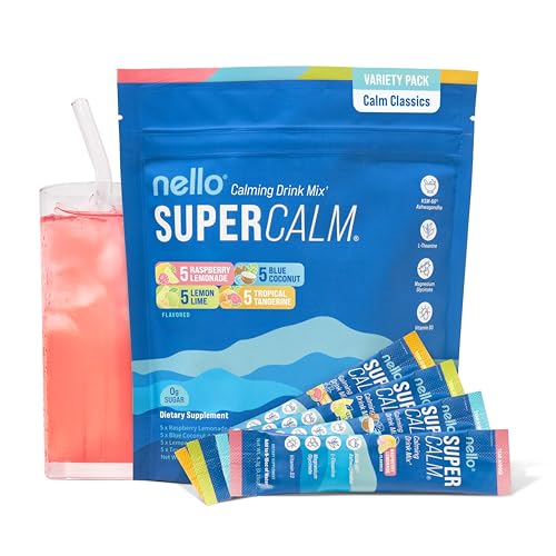 Nello Supercalm Powdered Drink Mix, Cortisol Reducer* and Sleep Aid Supplement, L Theanine, Ksm-66 Ashwagandha, Magnesium Glycinate, Vitamin D 3, No Sugar, Non GMO, On The Go, 20 Ct, Variety Pack