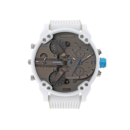 Diesel Montre pour Homme Mr. Daddy 2.0, Mouvement Chronographe, Boîtier en Acier Inoxydable Blanc de 57 mm avec Bracelet en Acier Inoxydable, Dz7419