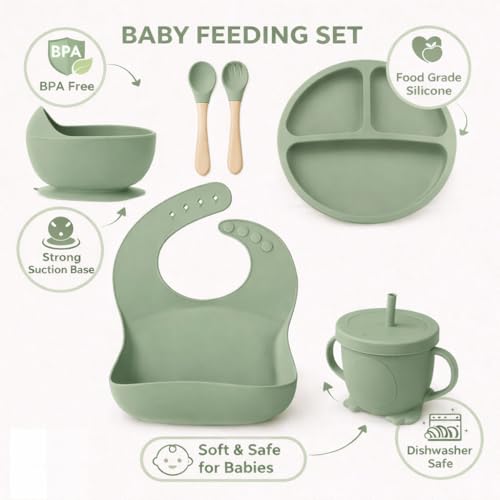 Image of 6PCS Silicone Baby Feeding Set - Suction Plate, Bowl, Bib, Spoon, Fork, Cup - BPA-Free, Non-Toxic, Microwave & Dishwasher Safe for Toddlers 6+ Months - Green