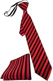 TigerTie Kinderkrawatte + Einstecktuch in rot schwarz gestreift - vorgebunden mit Gummizug