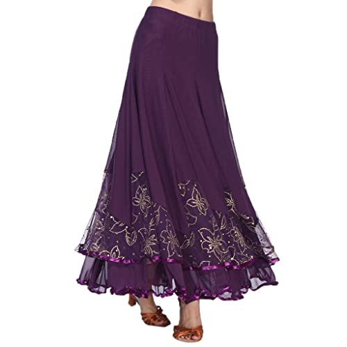Ladies Belly Dance Costume Long Satin Swing Dance Skirt Purple Mesh Sequins Floral Embroidery Elegant Flowy Full Circle