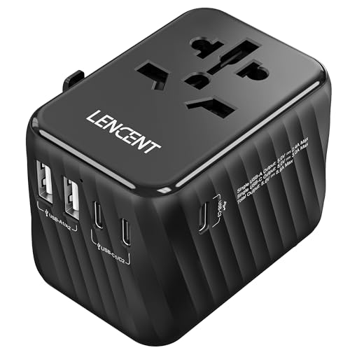 LENCENT Adaptador Enchufe Universal para Viaje, Cargador Internacional con 3 Puertos USB C de 5,6A y 2 USB A, Adaptador Enchufe Europeo para Móvil, Tableta, Portátil, EU/USA/UK/AU, Negro