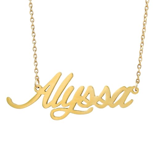 AOLO 18k Gold Plated Alyssa Name Pendant Necklace Initial Nameplate Stainless Steel Jewelry for Womens Mothers