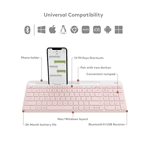 Logitech K585 Slim Wireless Keyboard with Built-in Phone Cradle - Rose | Compact layout, full number pad, cradle holds smartphone or 10 in. tablet in landscape mode, Bluetooth, includes USB receiver - image 7