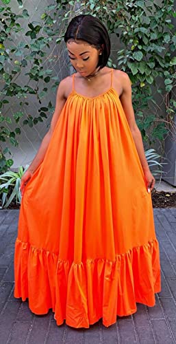 Adogirl Women's Sexy Spaghetti Strap Sleeveless Ruched Ruffle Hem Bandage Oversized Beach Loose Long Maxi Swing Dress4