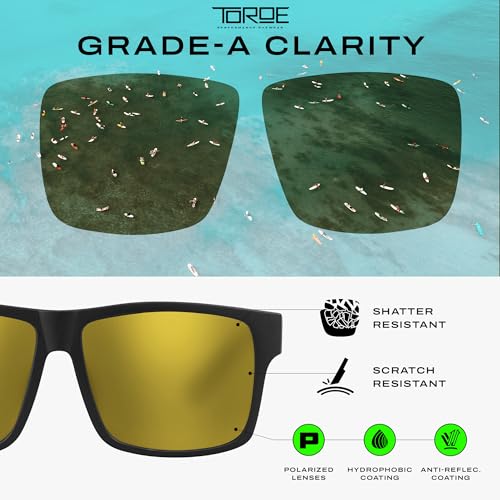 Image of TOROE TR90 Square Frame Grade A Polarized Black Emblem Sunglasses with Anti Reflective Water Repellent Polycarbonate Lenses (Matte Black Frame, Gold Mirror (Category 3))