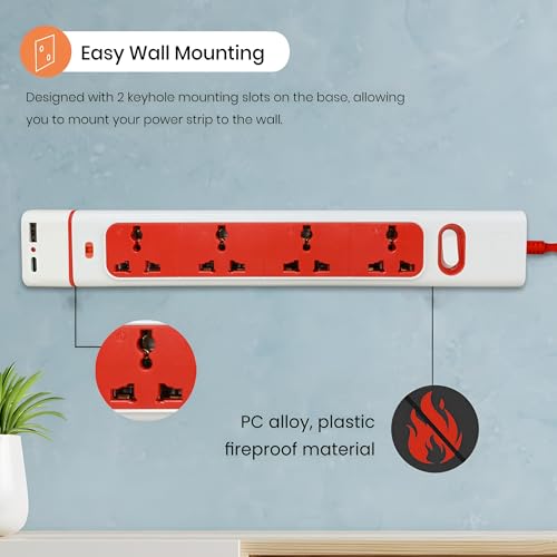 Image of MX Extension Board with 18W USB C GaN Charger 4 International Power Sockets, 2500W Output, 5 feet / 1.5 Meters Long Cable, Wall Mount Option, Supports Laptop Charging for Office, Home Appliances