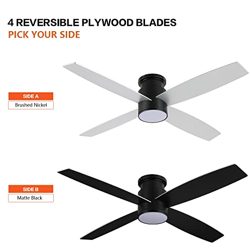 Wingbo 52 Inch Flush Mount Dc Ceiling Fan With Lights And Remote, 4 Reversible Blades, Ultra Quiet 6-Speed Dc Motor, Hugger Low Profile Indoor Ceiling Fan, Matte Black Finish #TOP3