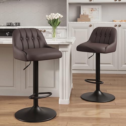 Image of MALOL Bar Stools Set of 2, Swivel Bar Chairs, Modern Adjustable PU Leather Upholstered Barstools Counter Height with Tufted Back for Bar, Kitchen Counter Island, Dining Room, Brown