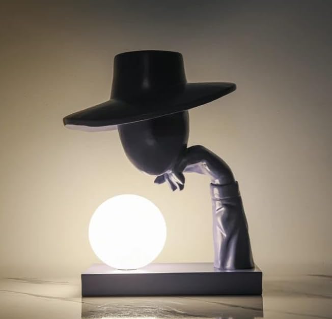 Image of Abstract Black Resin Sculpture Table Lamp Hat-Wearing Human Face Figure (Bulb Included)