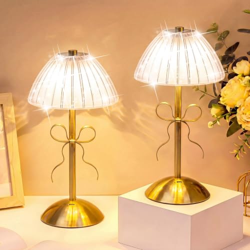 Image of Liliful 2 Pcs Cordless Table Lamp Rechargeable Touch LED Small Gold Portable Battery Operated USB-c Desk Lamp 3 Color Dimmable for Bedroom Living Room Dining (Gold,Mushroom Style Bow)