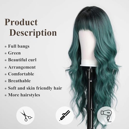 EMMOR Grüne Perücken mit Pony, lockige synthetische Damenperücke, lange hitzebeständige Perücke für den täglichen Gebrauch, natürlich und bequem