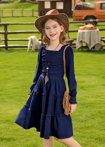 HOZIY Girls Long Sleeve Dress Ruched Smocked Tiered Ruffle A-Line Casual Boho Teen Dresses with Pocket Size 6-16 Years
